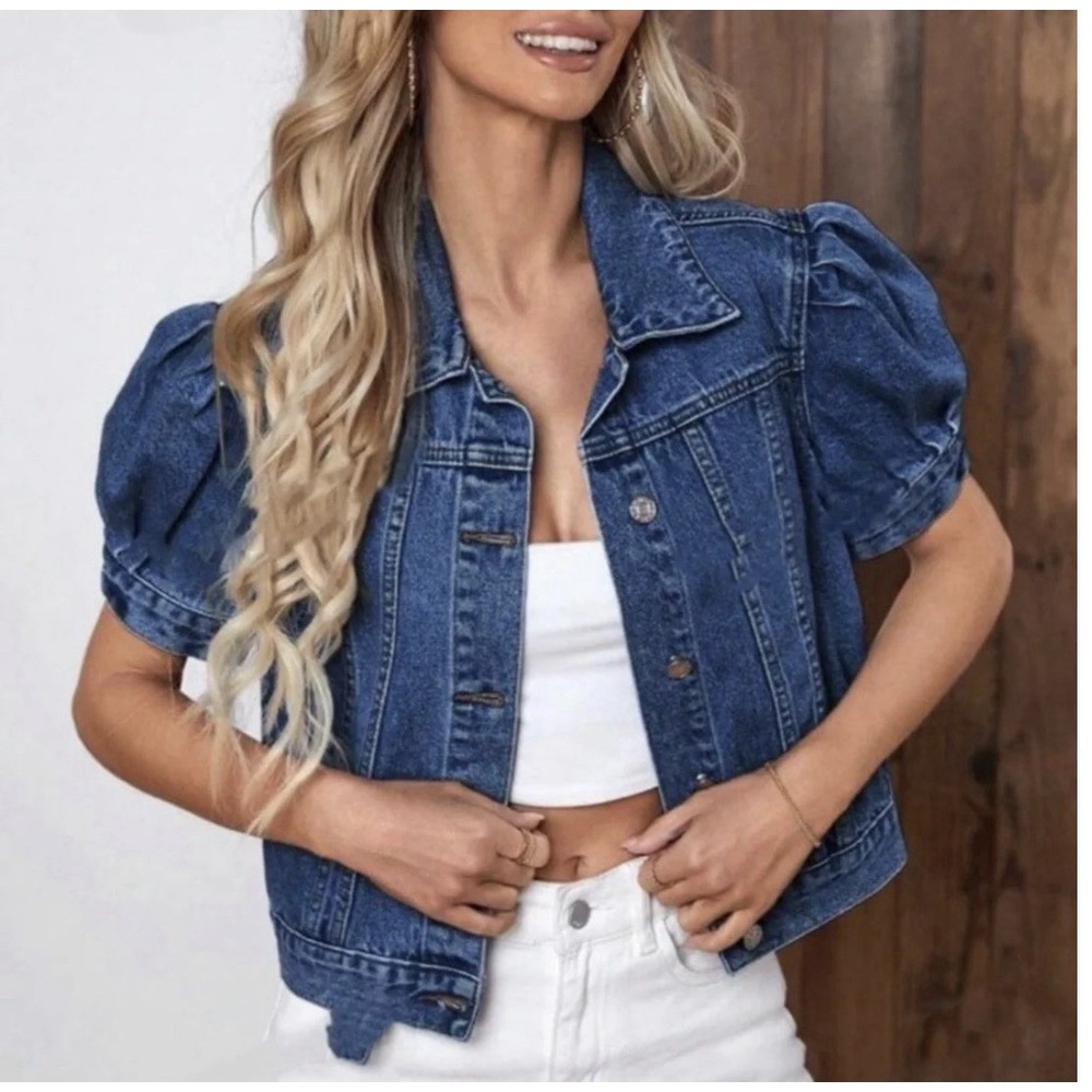 womens short Puff sleeve denim jacket women medium